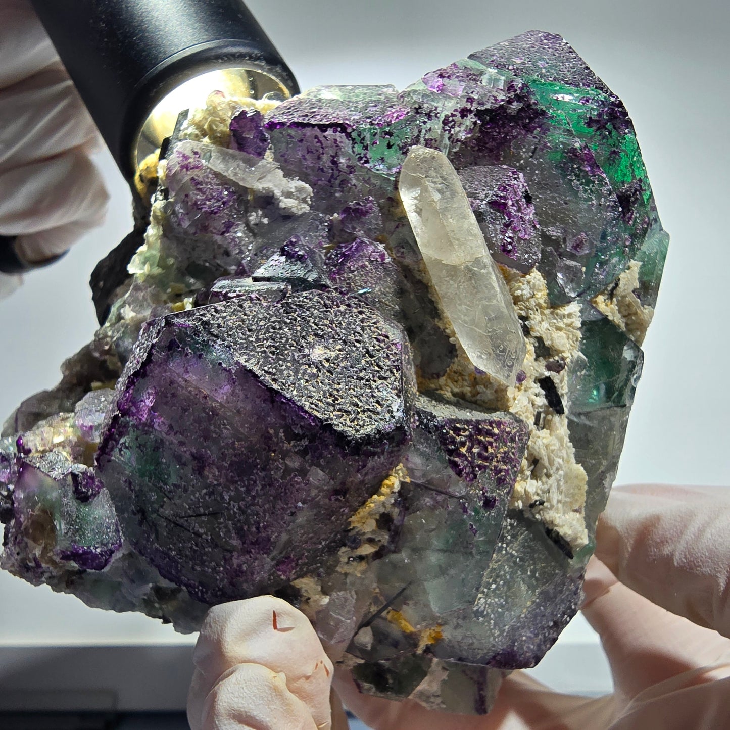Große Fluorit, Rauchquarz, Schörl Turmalin, Hyalit, Muskovit Okorusu, Namibia 87*90*77mm #12679
