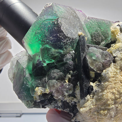 Große Fluorit, Rauchquarz, Schörl Turmalin, Hyalit, Muskovit Okorusu, Namibia 87*90*77mm #12679
