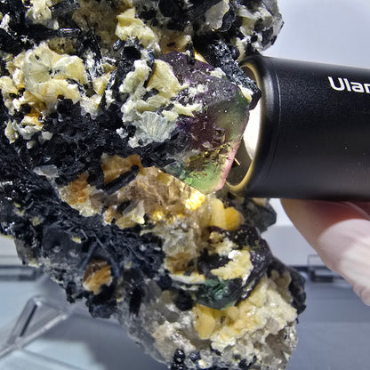 Quartz fumé XXL, Fluorite, Tourmaline schorl, Hyalite, Muscovite Erongo, Namibie 226*125*90mm #12685