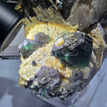 Quartz fumé XXL, Fluorite, Tourmaline schorl, Hyalite, Muscovite Erongo, Namibie 226*125*90mm #12685