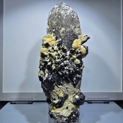 Quartz fumé XXL, Fluorite, Tourmaline schorl, Hyalite, Muscovite Erongo, Namibie 226*125*90mm #12685