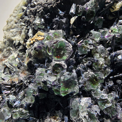 Fluorite XXL, quartz fumé, tourmaline schorl, hyalite, muscovite Erongo, Namibie 190*97*61mm #12686