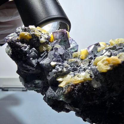 Fluorite XXL, quartz fumé, tourmaline schorl, hyalite, muscovite Erongo, Namibie 190*97*61mm #12686