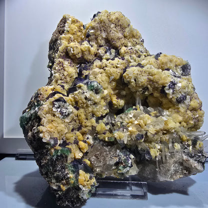 Fluorite XXL, Quartz fumé, Tourmaline Schorl, Hyalite, Muscovite Erongo, Namibie 231*200*100mm #12691