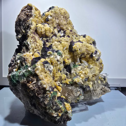 Fluorite XXL, Quartz fumé, Tourmaline Schorl, Hyalite, Muscovite Erongo, Namibie 231*200*100mm #12691