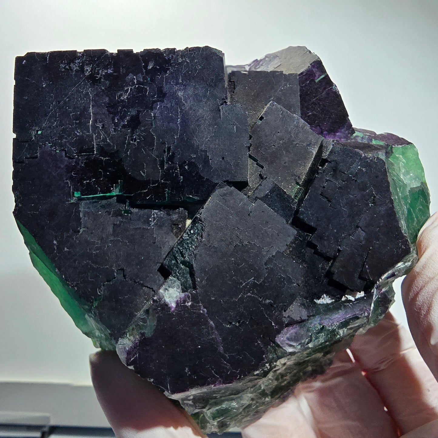 Grand spécimen de fluorite fantôme cubique, violet vert 11:11 Angel Pocket, Namibie 10*100*35mm #12695