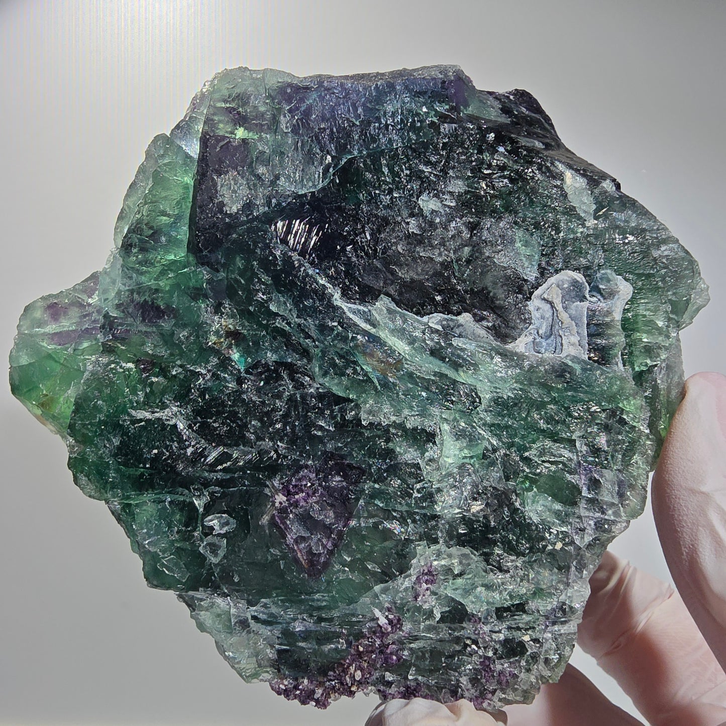 Grand spécimen de fluorite fantôme cubique, violet vert 11:11 Angel Pocket, Namibie 10*100*35mm #12695