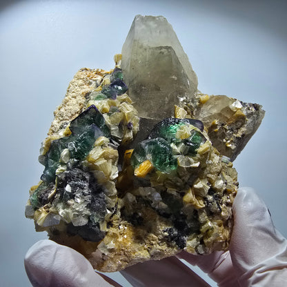 Fluorit, Rauchquarz, Schörl Turmalin, Hyalit, Muskovit Erongo, Namibia 86*92*50mm #12703