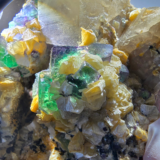 Fluorite, Smoky Quartz, Schorl Tourmaline, Hyalite, Muscovite Erongo, Namibia 86*92*50mm #12703