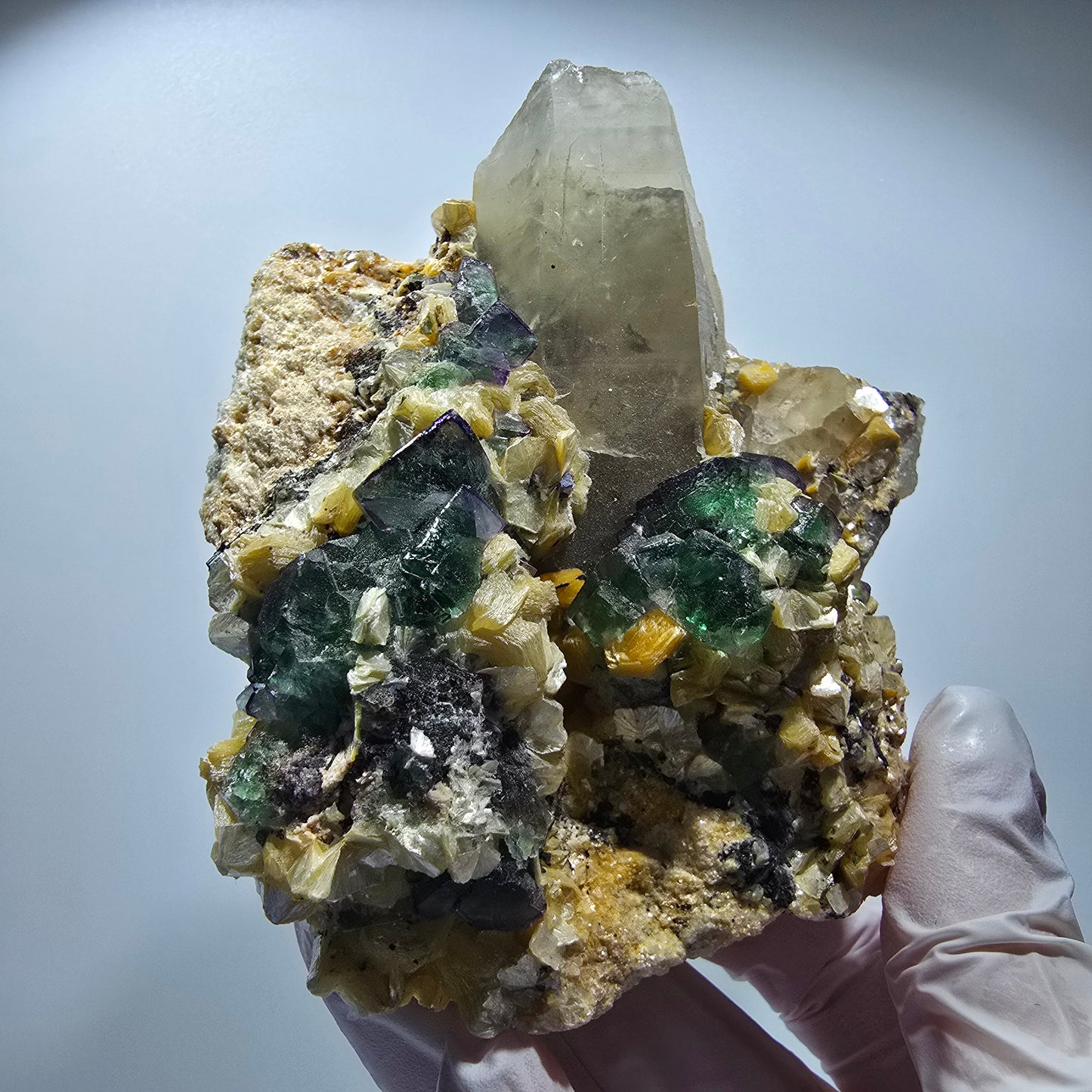 Fluorit, Rauchquarz, Schörl Turmalin, Hyalit, Muskovit Erongo, Namibia 86*92*50mm #12703