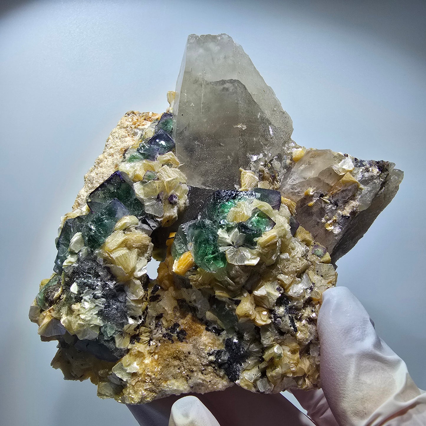 Fluorit, Rauchquarz, Schörl Turmalin, Hyalit, Muskovit Erongo, Namibia 86*92*50mm #12703