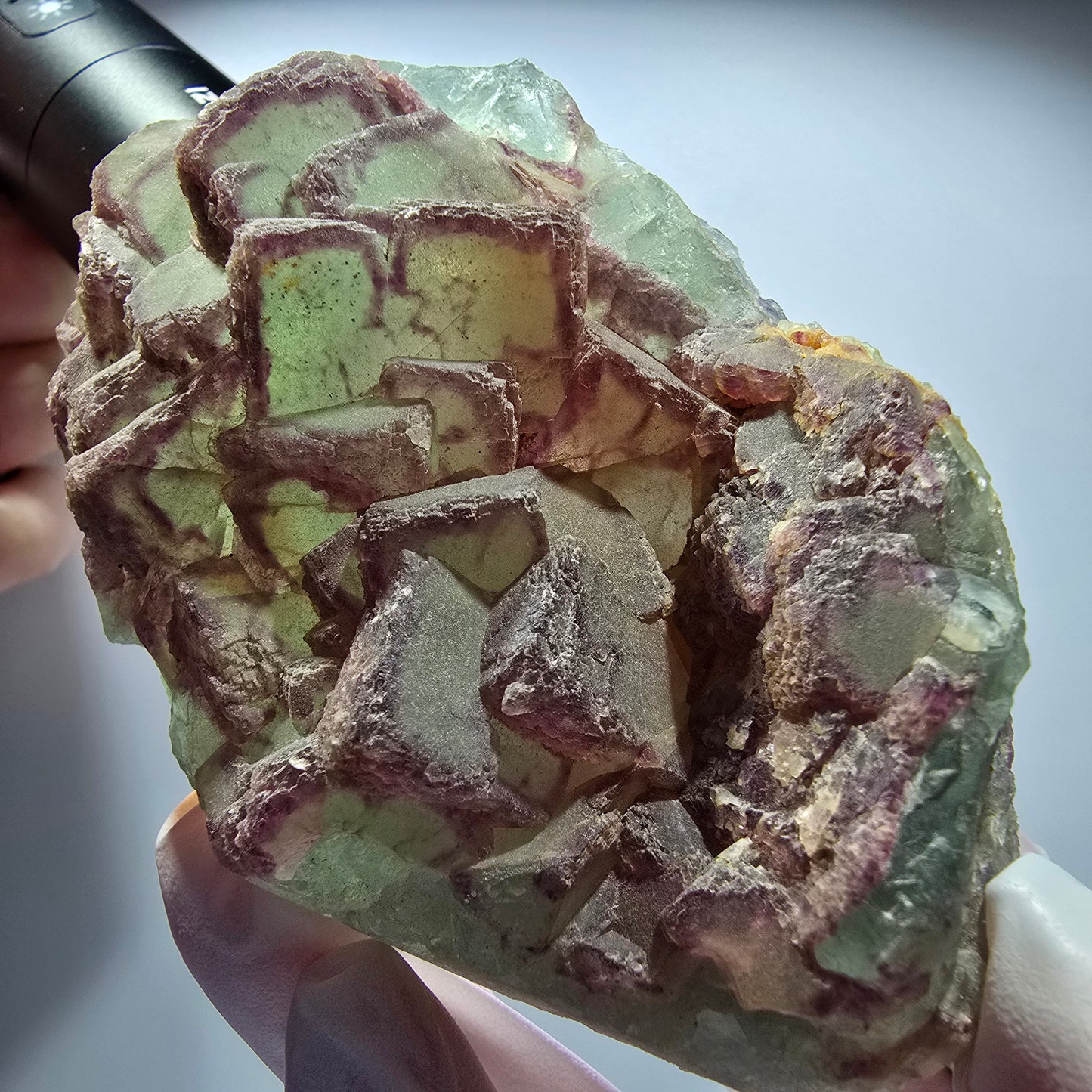 Seltene Phantom Fluorit, Quarz Stufe, grün lila Omehane, Namibia 85*57*24mm #12708