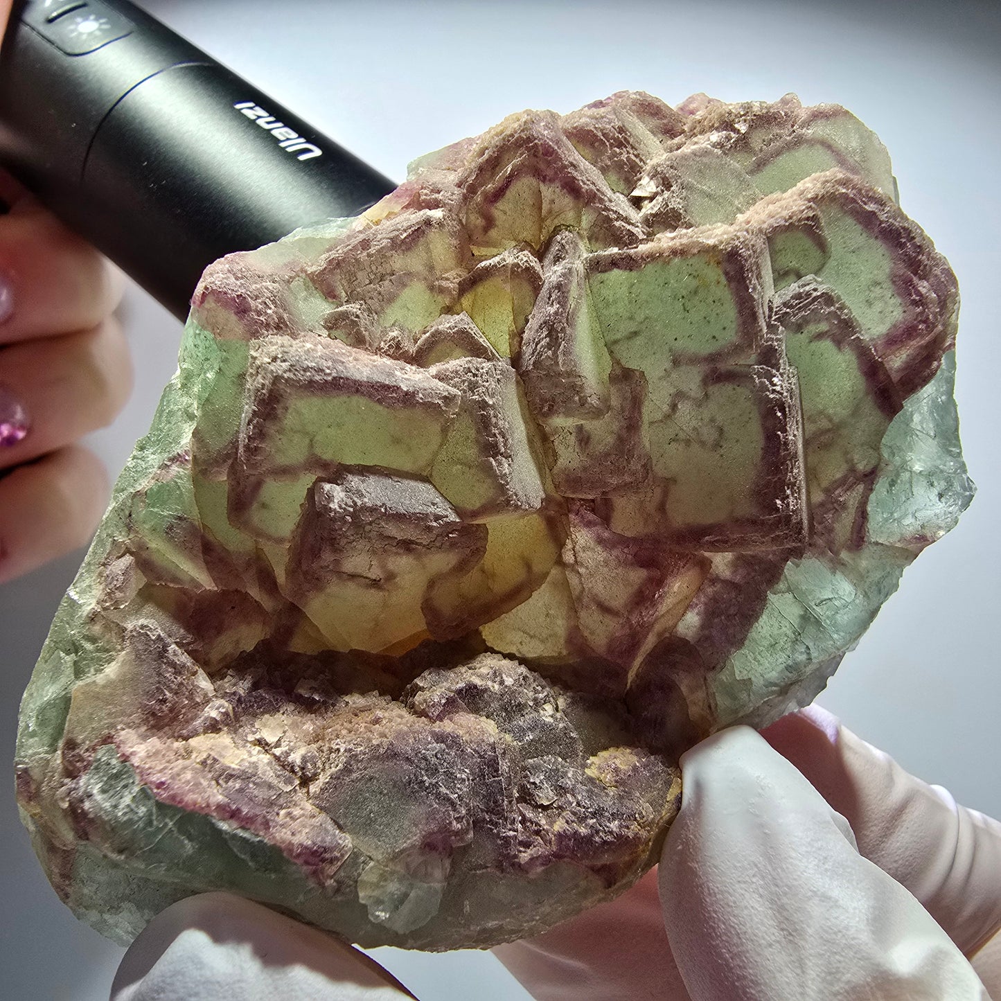 Seltene Phantom Fluorit, Quarz Stufe, grün lila Omehane, Namibia 85*57*24mm #12708
