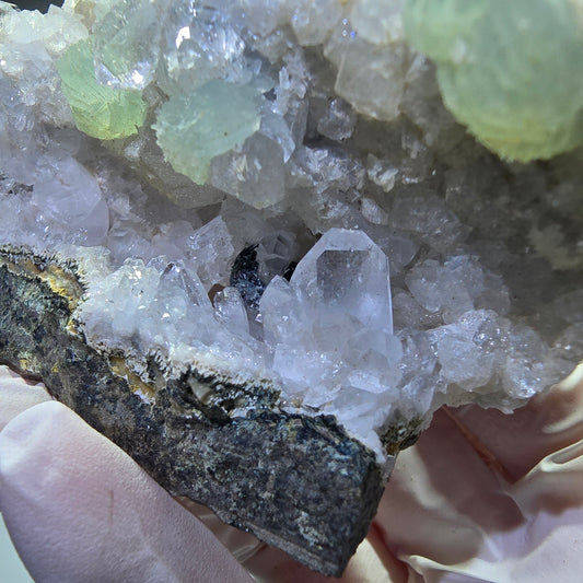 Large Prehnite Sphere, Calcite Cube, Quartz on Matrix Specimen Goboboseb, Namibia 91*49*38mm #12717