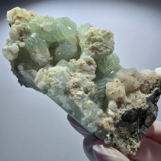 Large Prehnite Sphere, Calcite Cube, Quartz on Matrix Specimen, Goboboseb, Namibia 122*59*30mm #12719