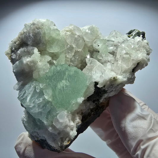 Large Prehnite sphere, Calcite cube, Quartz on Matrix Goboboseb, Namibia 80*64*34mm #12720