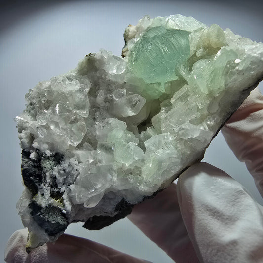 Large Prehnite sphere, Calcite cube, Quartz on Matrix Goboboseb, Namibia 80*64*34mm #12720