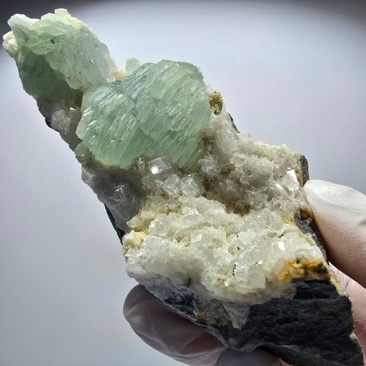 Large Prehnite sphere, Calcite cube, Quartz on Matrix specimen Goboboseb, Namibia 127*54*36mm #12722