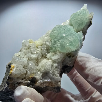 Große Prehnit Kugel, Calcit Würfel, Quarz auf Matrix Stufe Goboboseb, Namibia 127*54*36mm #12722