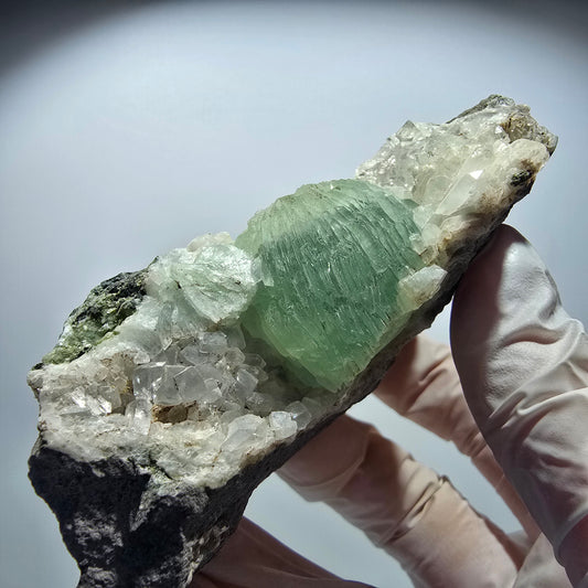 Large Prehnite Sphere, Calcite Cubes, Quartz on Matrix Specimen Goboboseb, Namibia 86*71*35mm #12723
