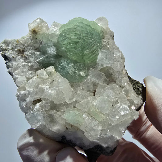 Prehnit Kugel, Calcit Würfel, Quarz auf Matrix Goboboseb, Namibia 66*46*43mm #12749