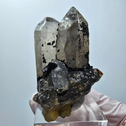 Rauchquarz mit Schörl Turmalin, Eisen, Hämatit Stufe Erongo Namibia 42*35*22mm #12790