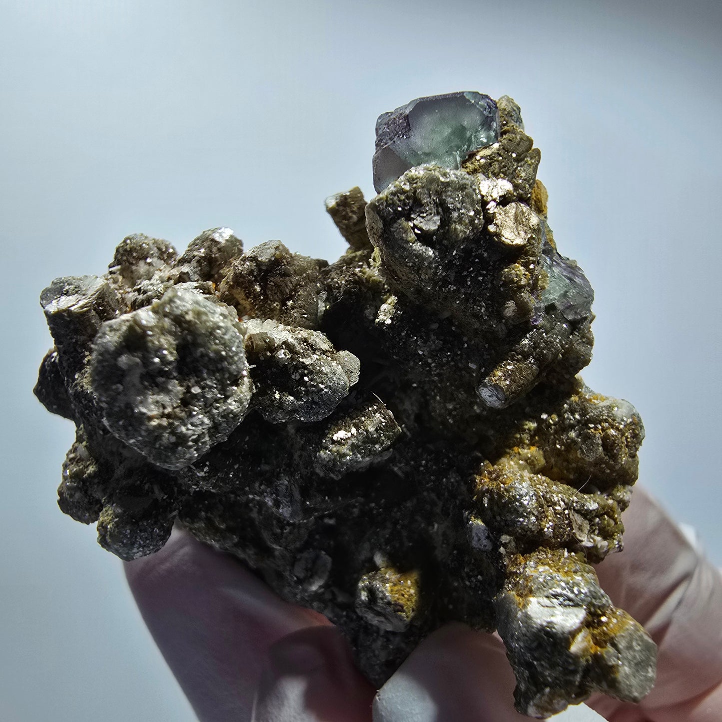 Fluorit, Muskovit, Schörl Turmalin, Hyalit Opal Stufe Erongo Namibia 44*40*37mm #12803