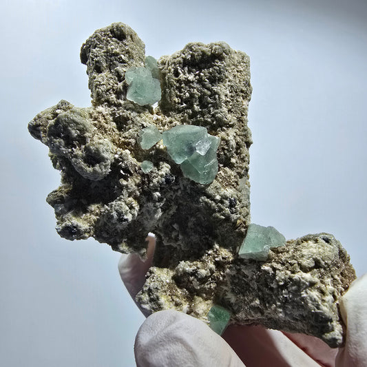 Fluorit, Muskovit, Schörl Turmalin, Hyalit Opal Stufe Erongo Namibia 66*41*29mm #12804