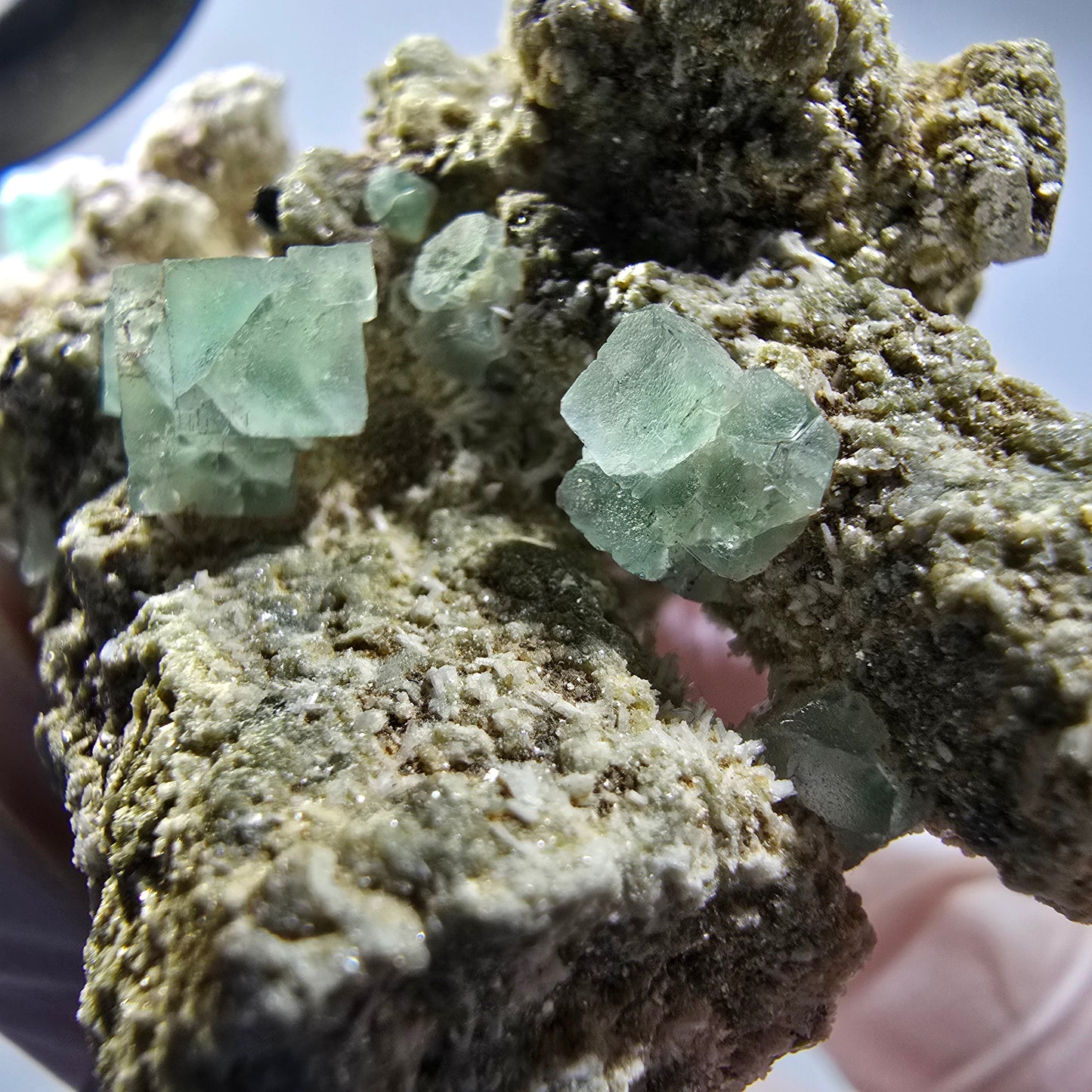 Fluorit, Muskovit, Schörl Turmalin, Hyalit Opal Stufe Erongo Namibia 66*41*29mm #12804