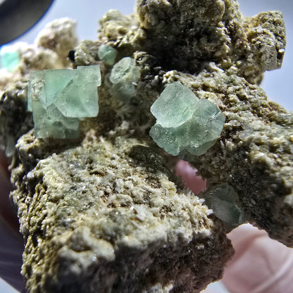 Fluorit, Muskovit, Schörl Turmalin, Hyalit Opal Stufe Erongo Namibia 66*41*29mm #12804