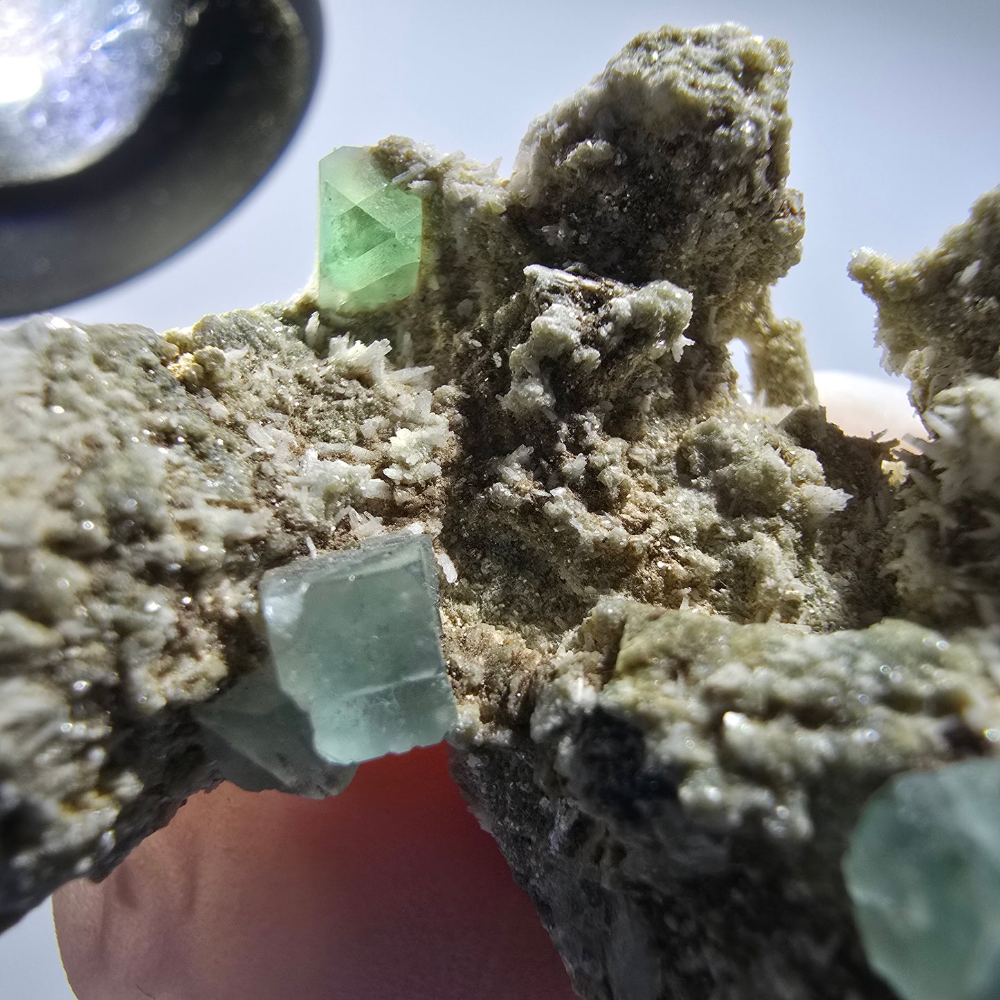 Fluorit, Muskovit, Schörl Turmalin, Hyalit Opal Stufe Erongo Namibia 66*41*29mm #12804