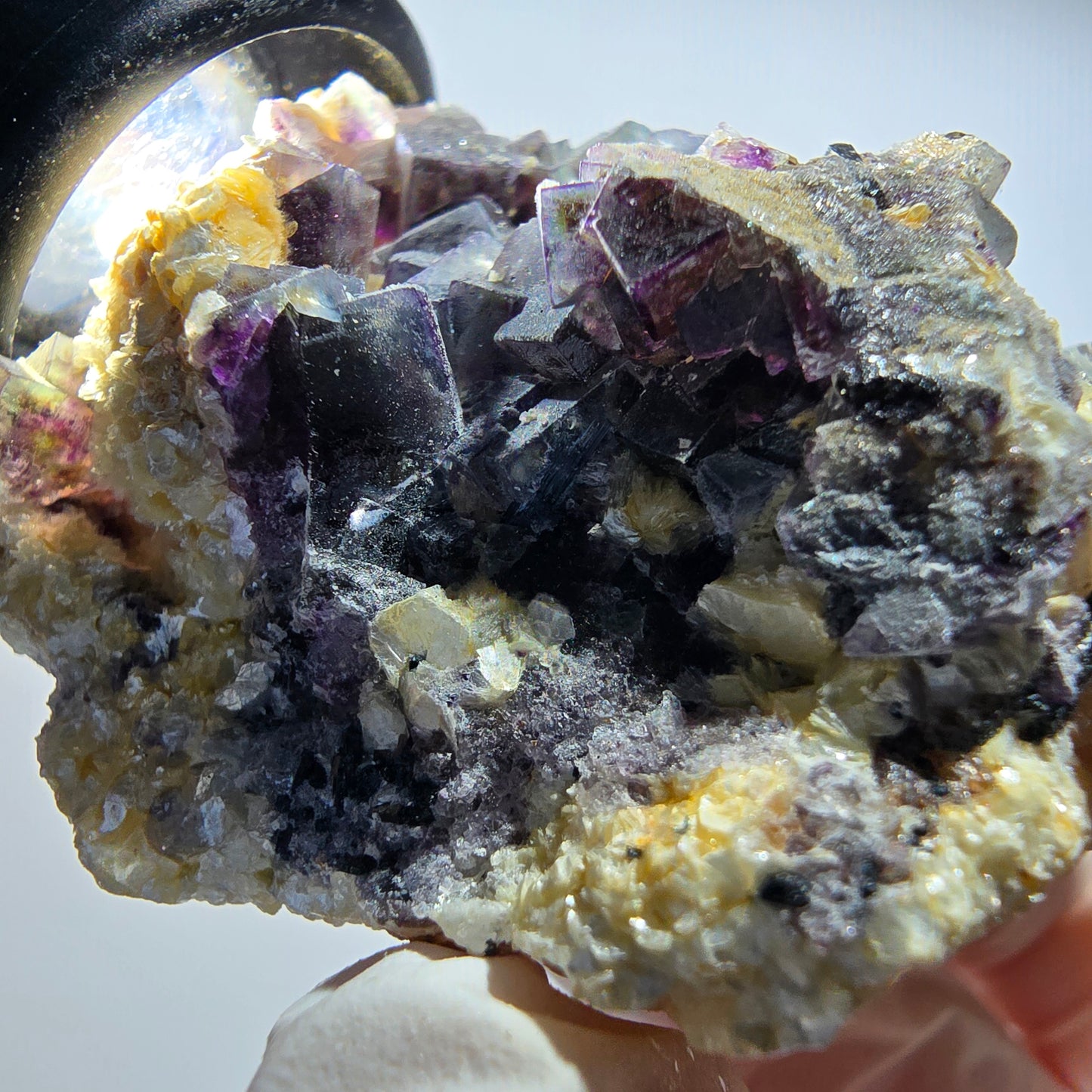 Bunte Phantom Fluorit, Schörl Turmalin, Hyalit, Muskovit Erongo, Namibia 79*47*36mm #12813