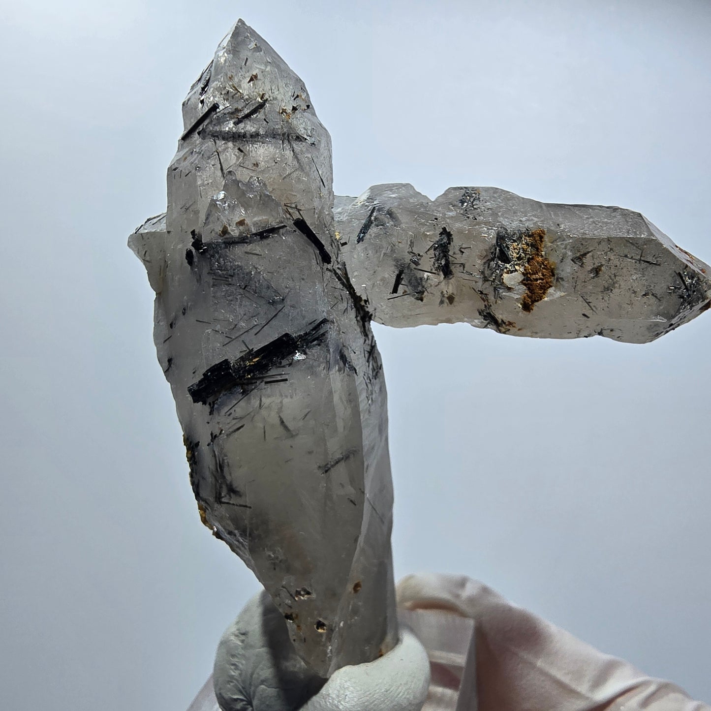 Skelett Rauchquarz Zepter, Schörl Turmalin, Hyalit Opal Stufe Erongo, Namibia 70*59*28mm #12816