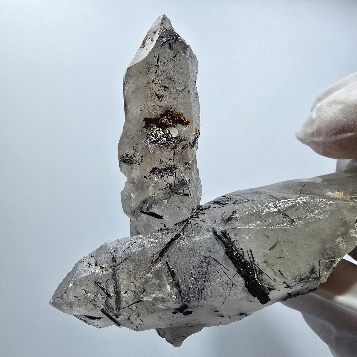 Skelett Rauchquarz Zepter, Schörl Turmalin, Hyalit Opal Stufe Erongo, Namibia 70*59*28mm #12816