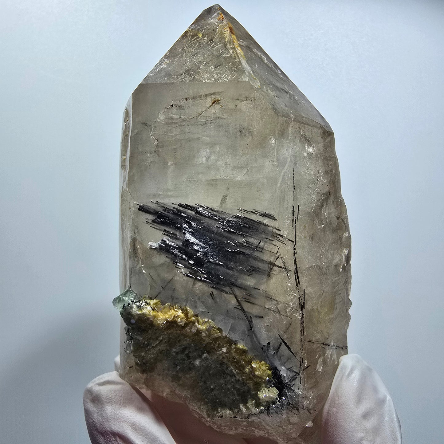 Skelett Rauchquarz mit Fluorit, Schörl Turmalin, Hyalit Opal Erongo, Namibia 106*55*43mm #12822
