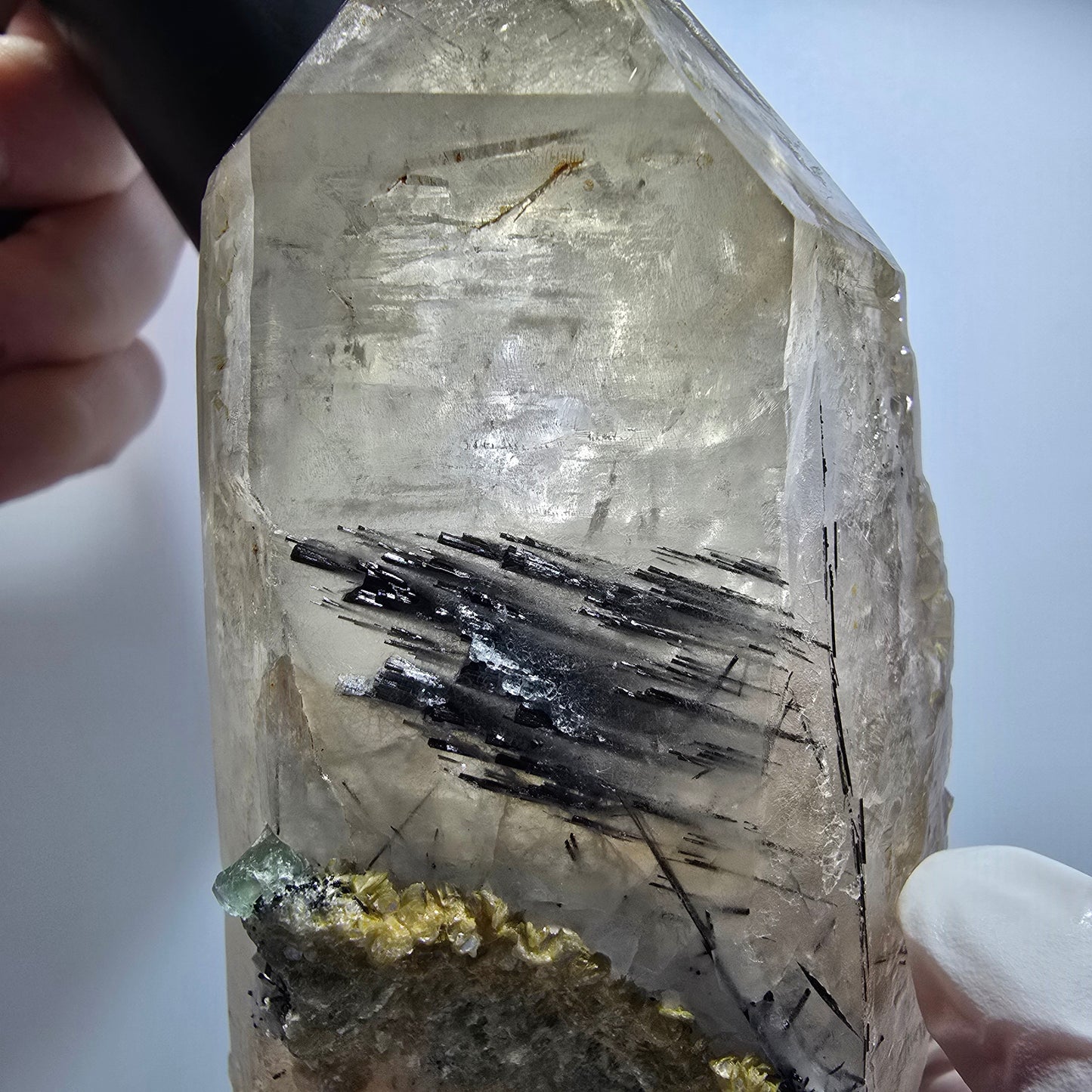 Skelett Rauchquarz mit Fluorit, Schörl Turmalin, Hyalit Opal Erongo, Namibia 106*55*43mm #12822