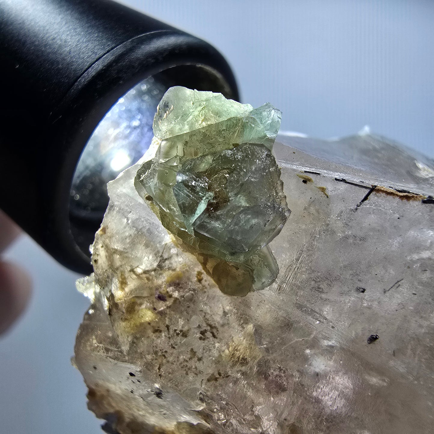 Skelett Rauchquarz mit Fluorit, Schörl Turmalin, Hyalit Opal Erongo, Namibia 106*55*43mm #12822