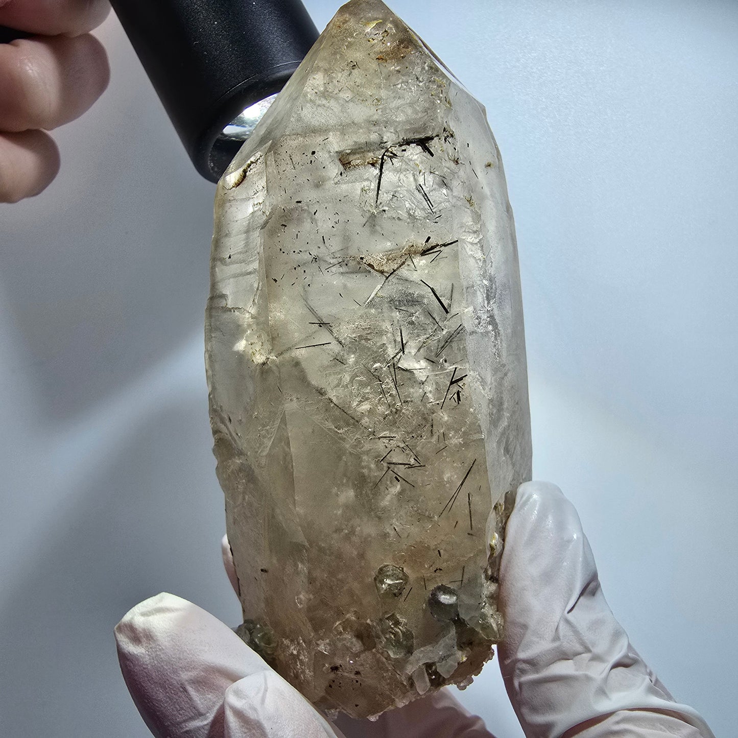 Skelett Rauchquarz mit Fluorit, Schörl Turmalin, Hyalit Opal Erongo, Namibia 106*55*43mm #12822