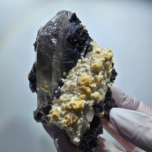 Bunte Phantom Fluorit, Schörl Turmalin, Rauchquarz, Muskovit Erongo, Namibia 85*64*48mm #12826