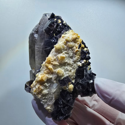 Bunte Phantom Fluorit, Schörl Turmalin, Rauchquarz, Muskovit Erongo, Namibia 85*64*48mm #12826