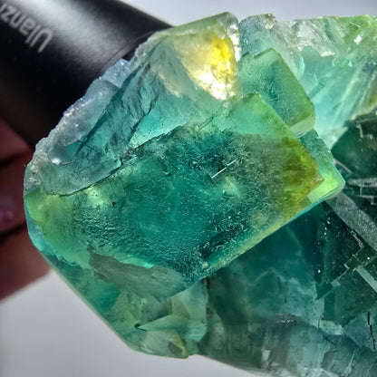 Phantom Fluorit Würfel Stufe, grün, gelb parkettiert Okorusu, Namibia 76*45*29mm #12828