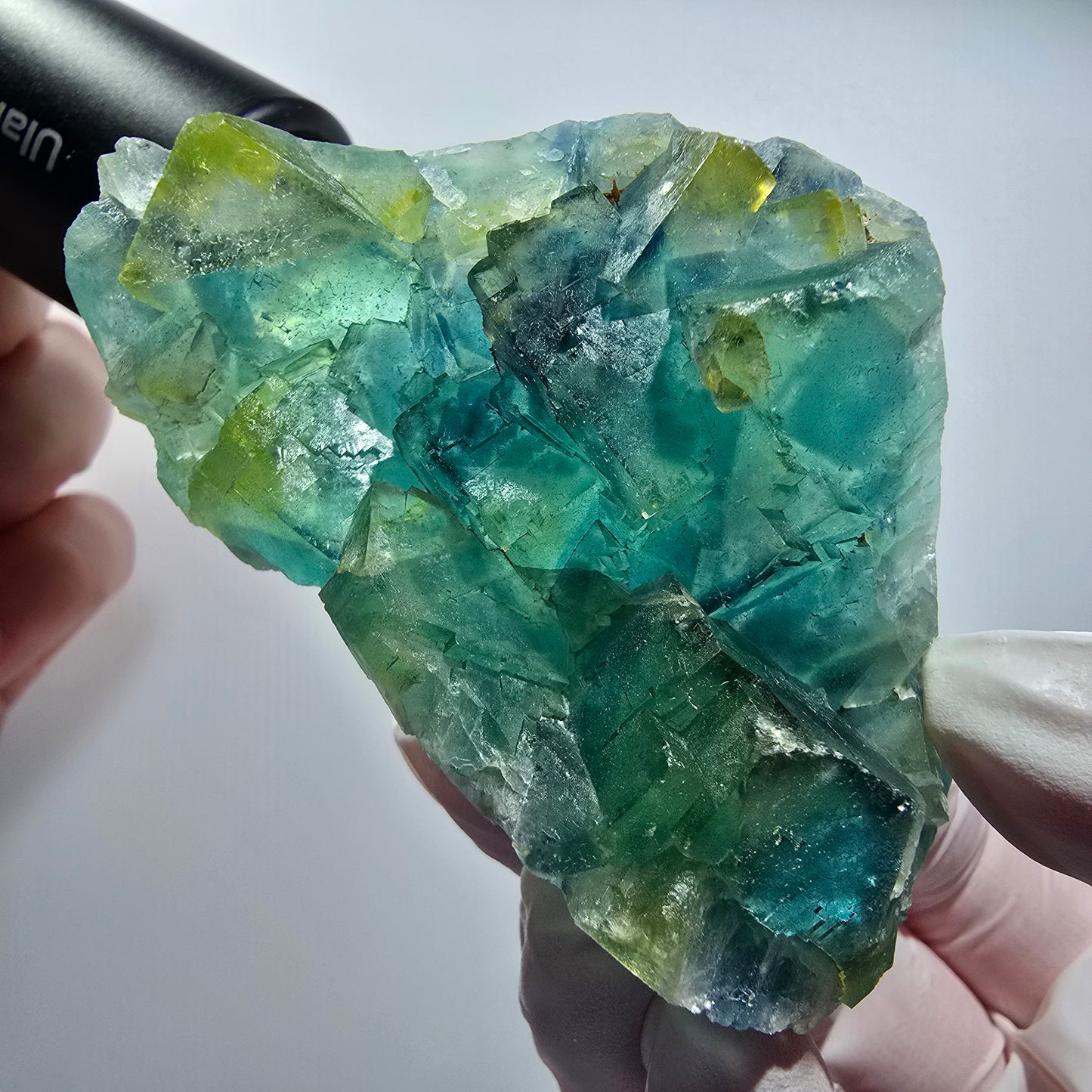 Phantom Fluorit Würfel Stufe, grün, gelb parkettiert Okorusu, Namibia 76*45*29mm #12828