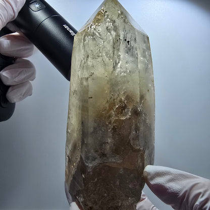 Grand squelette de quartz fumé avec schorl tourmaline, muscovite Erongo, Namibie 145*57*55mm #12835