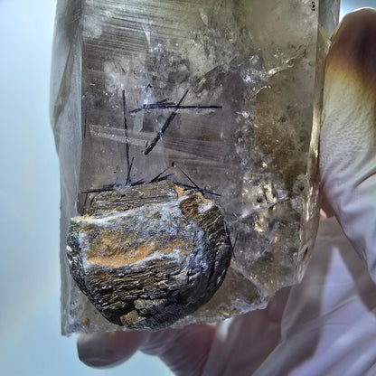 Grand squelette de quartz fumé avec schorl tourmaline, muscovite Erongo, Namibie 145*57*55mm #12835