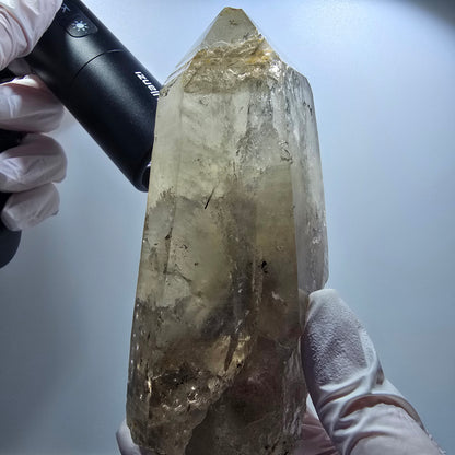 Grand squelette de quartz fumé avec schorl tourmaline, muscovite Erongo, Namibie 145*57*55mm #12835