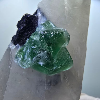 Phantom Fluorit, Skelett Rauchquarz, Schörl Turmalin Stufe Erongo, Namibia 93*35*22mm #12836
