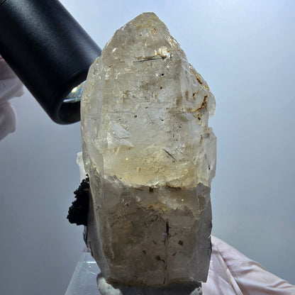 Quartz enfumé squelette enhydro, schorl, hyalite, 2x bulles (grandes) Erongo, Namibie 76*44*34mm #12837