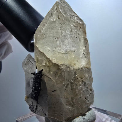 Quartz enfumé squelette enhydro, schorl, hyalite, 2x bulles (grandes) Erongo, Namibie 76*44*34mm #12837