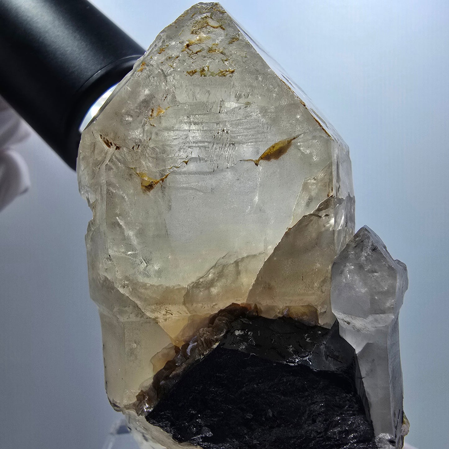 Quartz enfumé squelette enhydro, schorl, hyalite, 2x bulles (grandes) Erongo, Namibie 76*44*34mm #12837