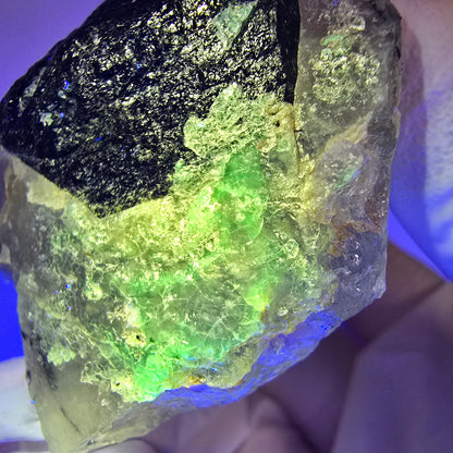 Quartz enfumé squelette enhydro, schorl, hyalite, 2x bulles (grandes) Erongo, Namibie 76*44*34mm #12837